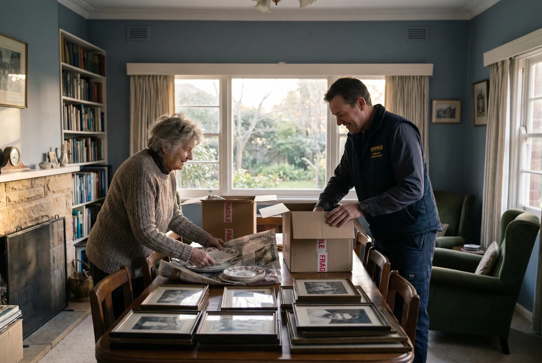 An older woman and a removalist packing framed photographs and china together at a dining table
