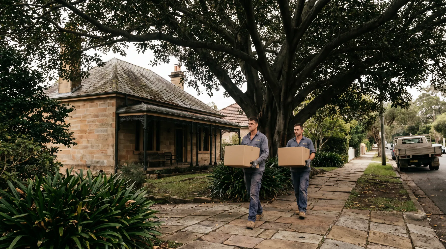 Removalists carrying cartons along a flagstone garden path under a Moreton Bay fig, sandstone cottage behind
