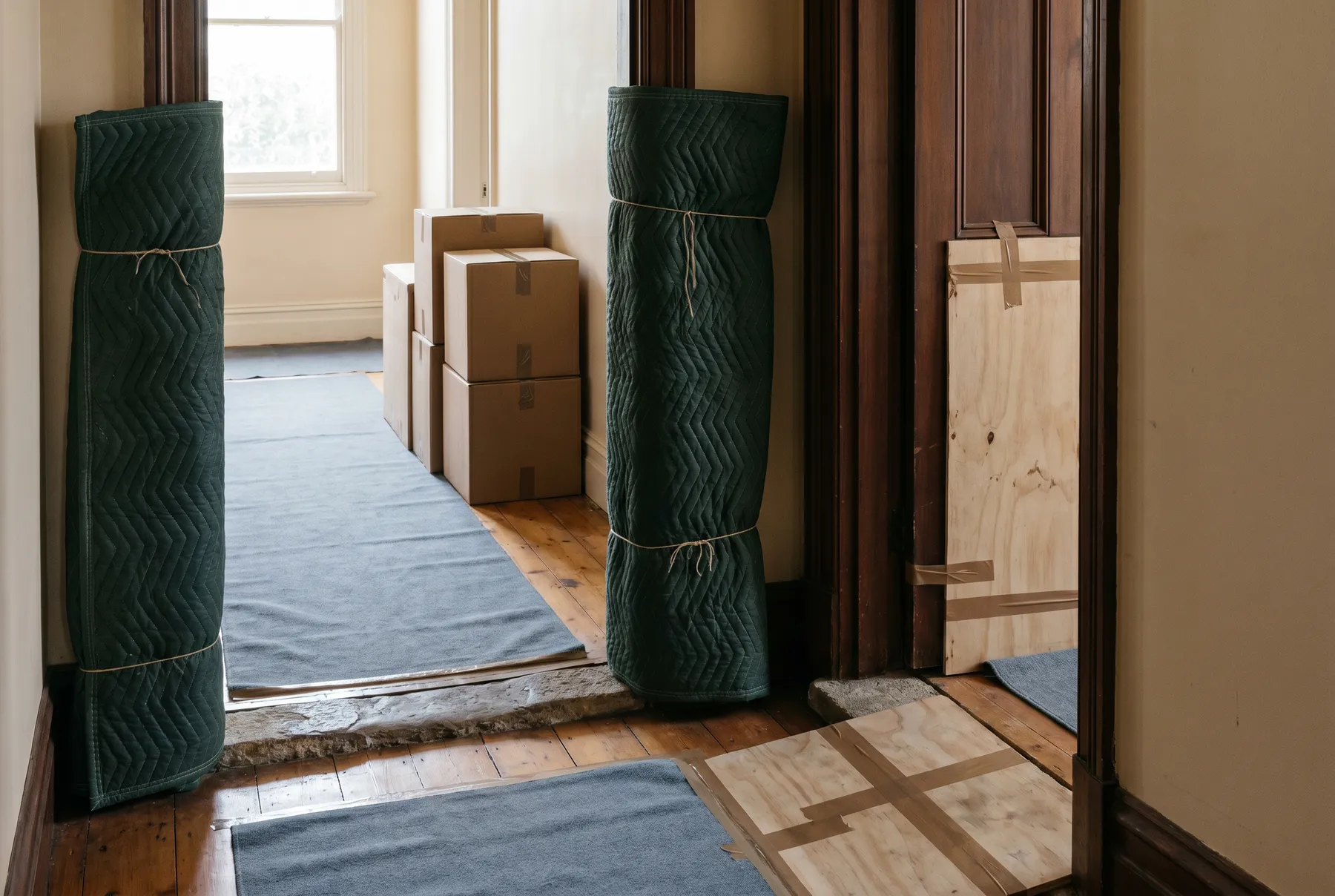 A hallway prepared for moving day: canvas runners on timber boards, a board over the threshold, padded architraves, stacked cartons