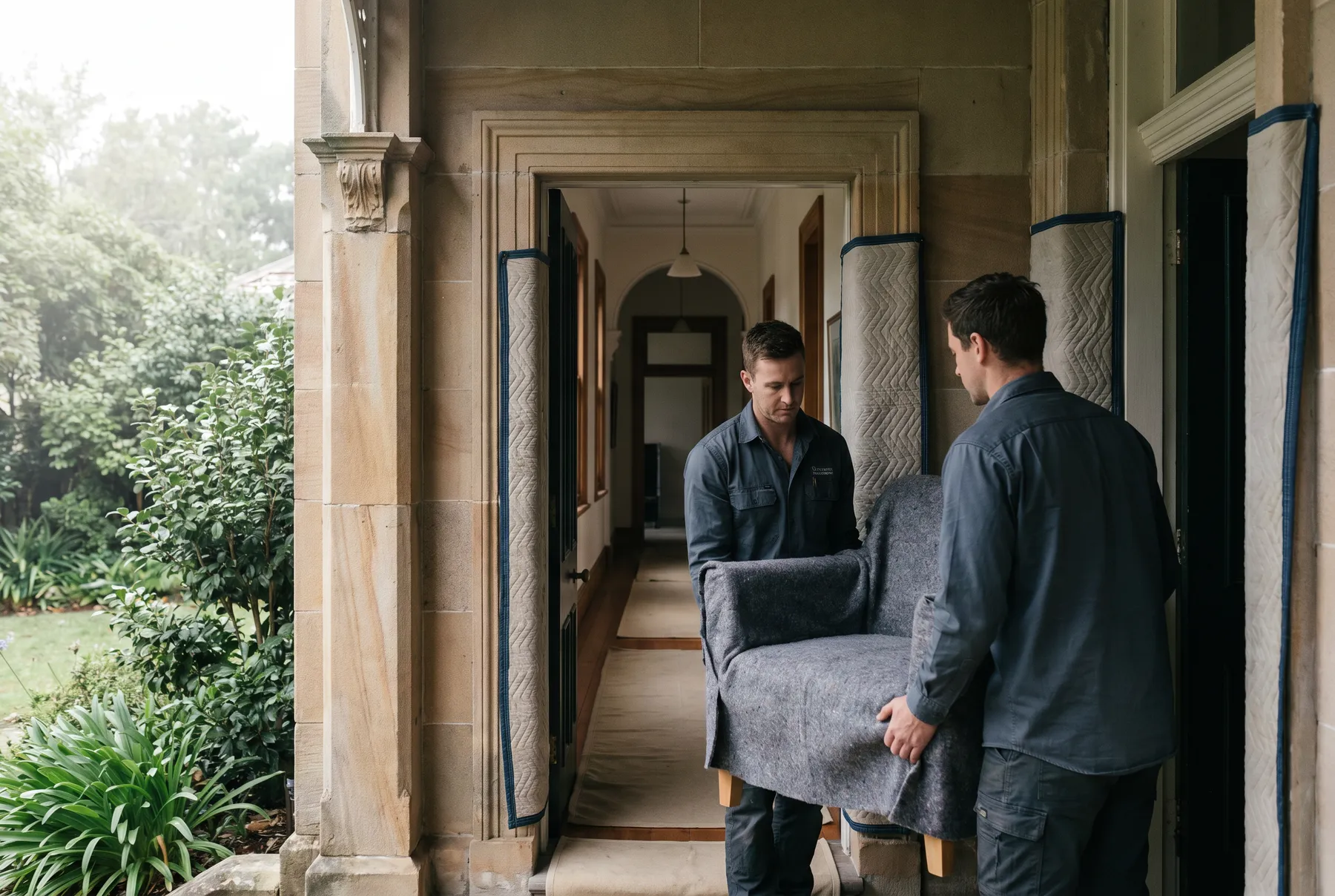Two removalists carrying a blanket-wrapped armchair out through the sandstone doorway of a period Hunters Hill house