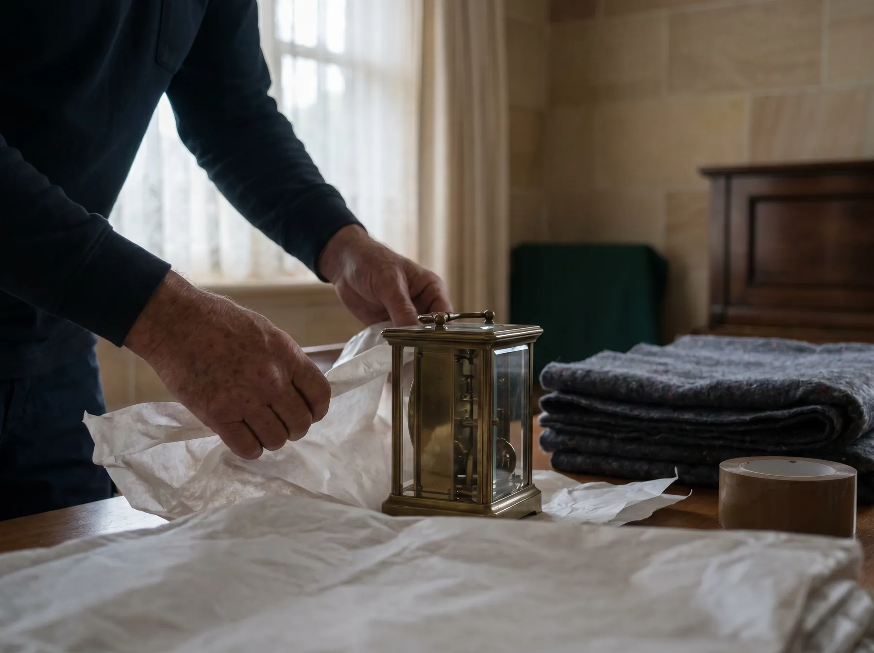 Hands wrapping a carriage clock in packing paper